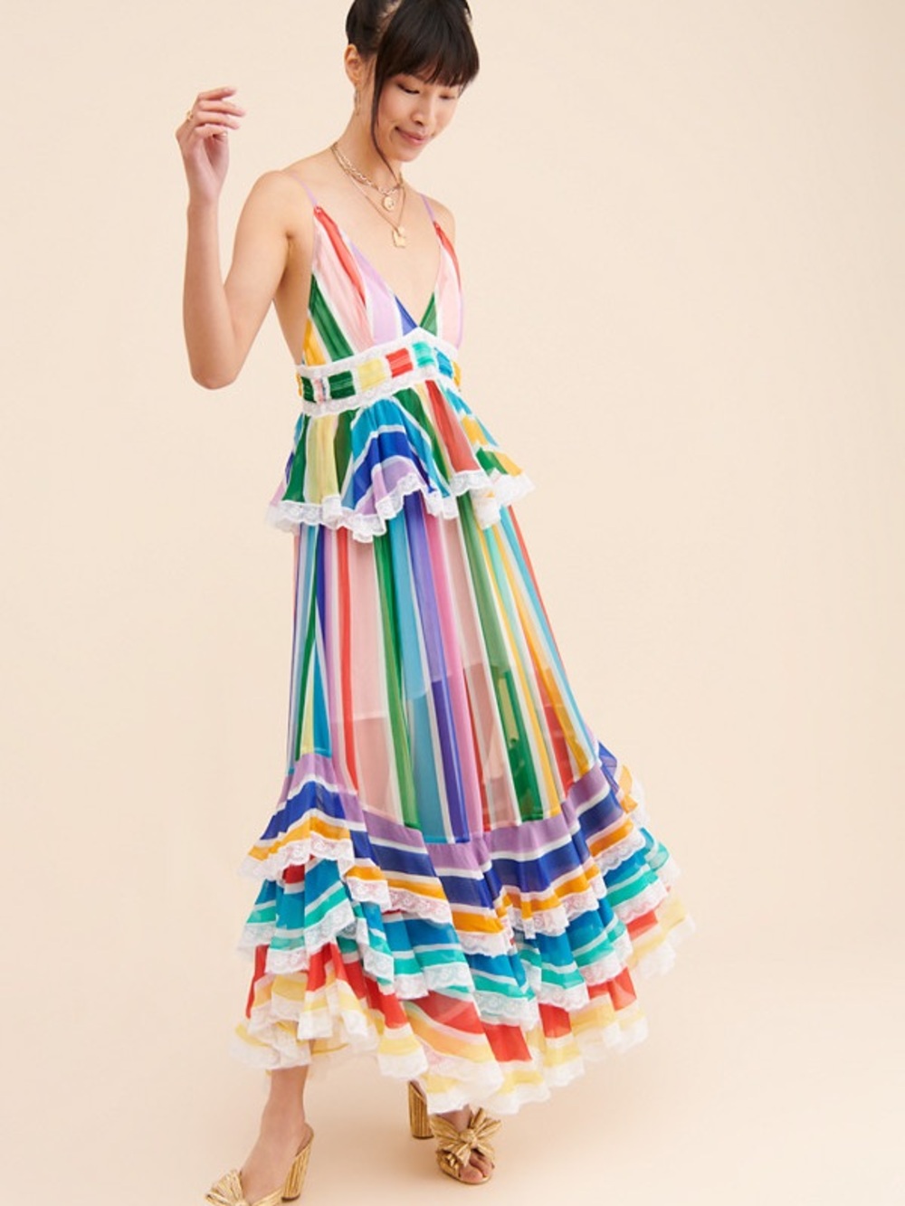 Rococo Sand Rainbow Striped V-Neck Tiered Maxi Dress